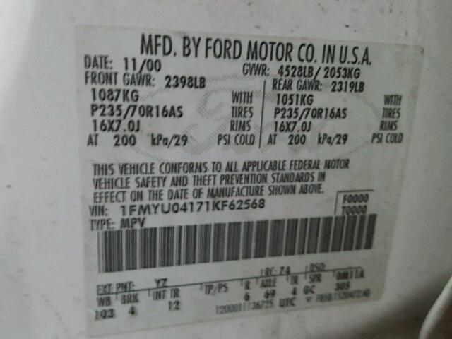 1FMYU04171KF62568 - 2001 FORD ESCAPE XLT WHITE photo 10