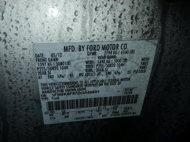 1FM5K8F87DGA59891 - 2013 FORD EXPLORER L SILVER photo 10