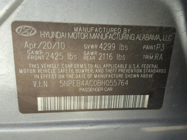 5NPEB4AC0BH055764 - 2011 HYUNDAI SONATA GLS GRAY photo 10