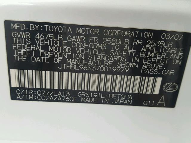 JTHBE96S370019979 - 2007 LEXUS GS 350 WHITE photo 10