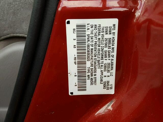 5FNRL186X3B053520 - 2003 HONDA ODYSSEY EX RED photo 10