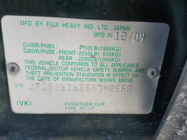 JF1SG63635H742558 - 2005 SUBARU FORESTER 2 GREEN photo 10