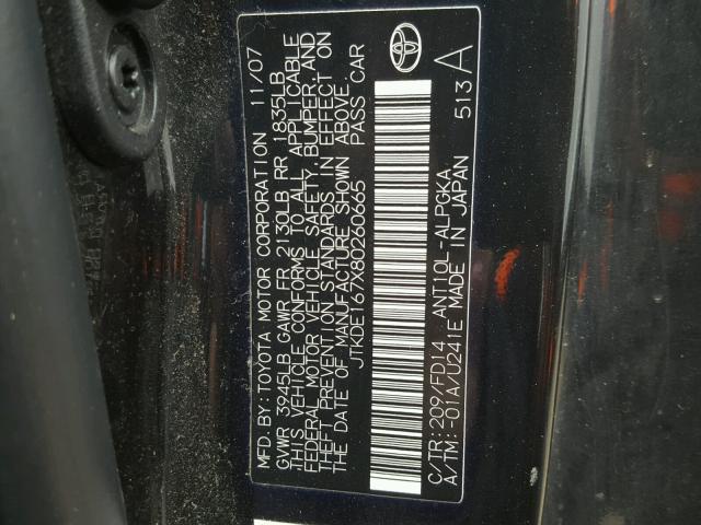 JTKDE167X80260665 - 2008 TOYOTA SCION TC 黑色 照片 10