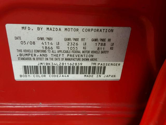 JM1BK34L281162839 - 2008 MAZDA SPEED 3 RED photo 10