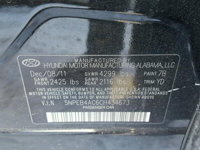 5NPEB4AC6CH434673 - 2012 HYUNDAI SONATA GLS BLACK photo 10