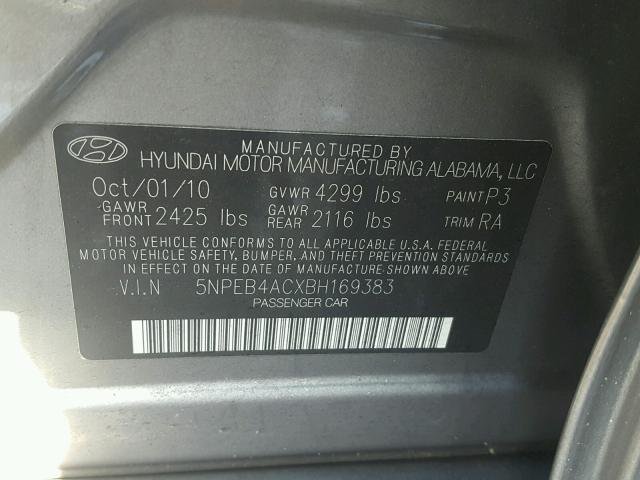 5NPEB4ACXBH169383 - 2011 HYUNDAI SONATA GLS GRAY photo 10