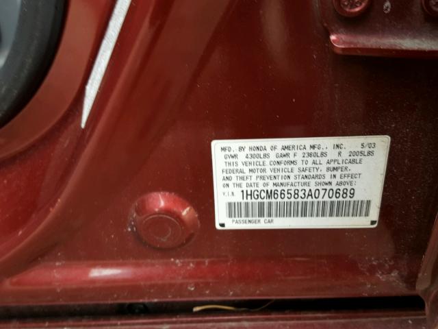 1HGCM66583A070689 - 2003 HONDA ACCORD RED photo 10