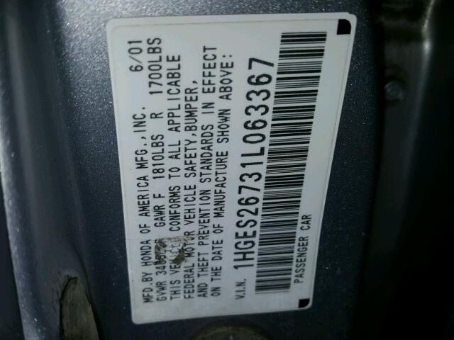 1HGES26731L063367 - 2001 HONDA CIVIC EX SILVER photo 10