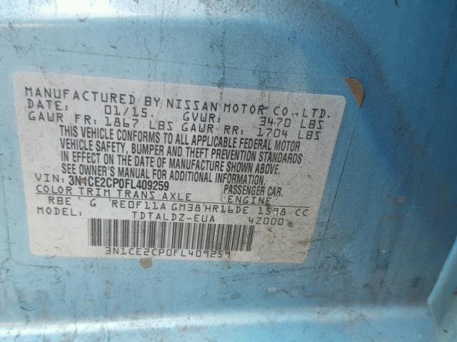 3N1CE2CP0FL409259 - 2015 NISSAN VERSA NOTE BLUE photo 10