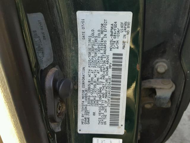 JTEHF21AX10034187 - 2001 TOYOTA HIGHLANDER GREEN photo 10