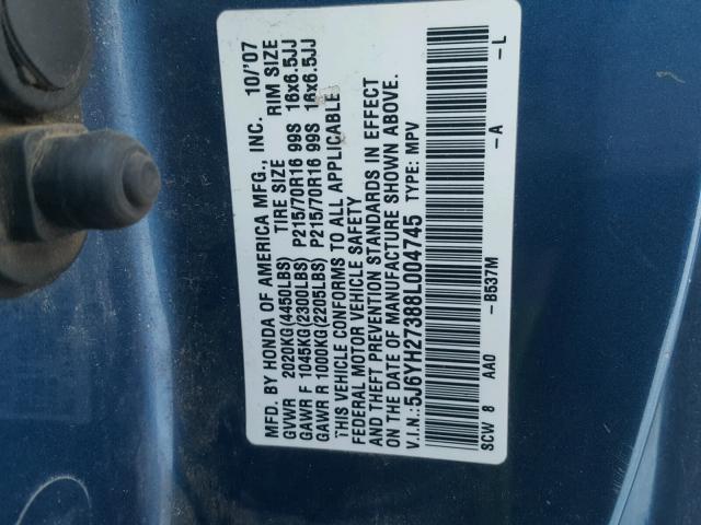 5J6YH27388L004745 - 2008 HONDA ELEMENT LX BLUE photo 10