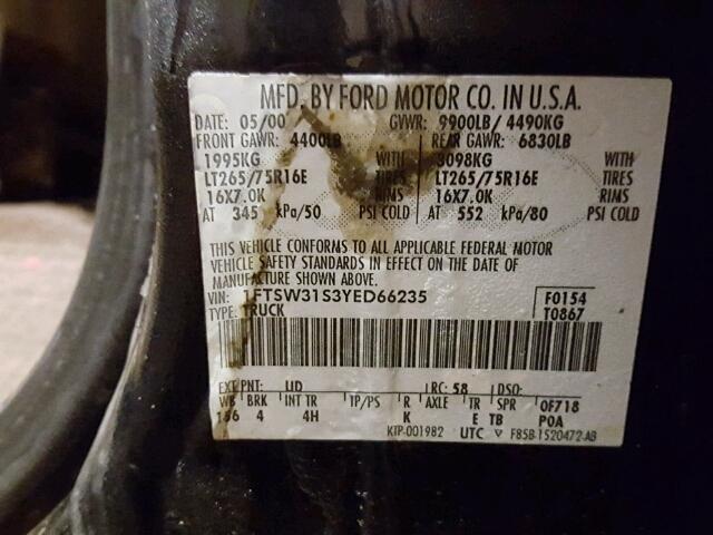 1FTSW31S3YED66235 - 2000 FORD F350 SRW S BLACK photo 10