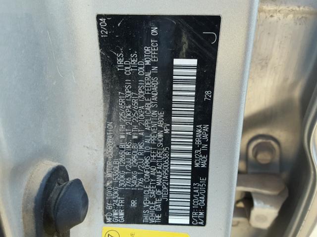 JTEDP21A950063875 - 2005 TOYOTA HIGHLANDER SILVER photo 10