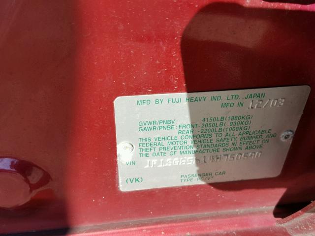 JF1SG65614H750590 - 2004 SUBARU FORESTER 2 RED photo 10