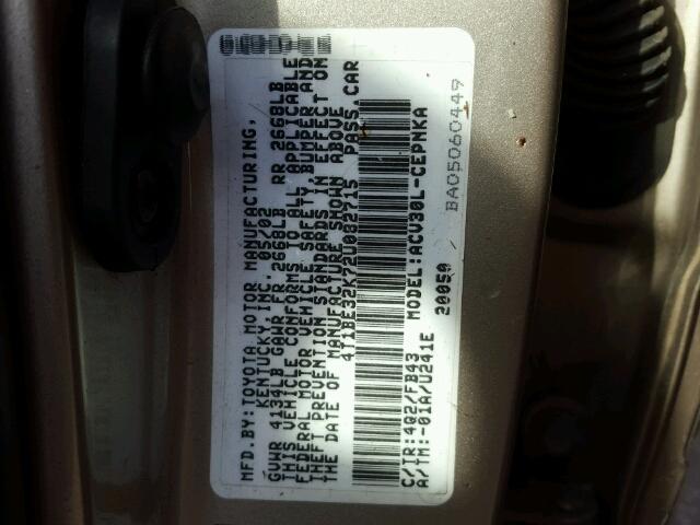 4T1BE32K72U082715 - 2002 TOYOTA CAMRY LE GOLD photo 10