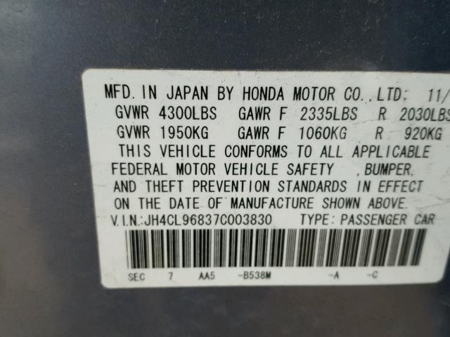 JH4CL96837C003830 - 2007 ACURA TSX BLUE photo 10