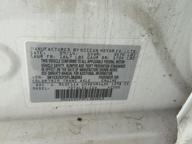 3N1CE2CP2FL383263 - 2015 NISSAN VERSA NOTE WHITE photo 10