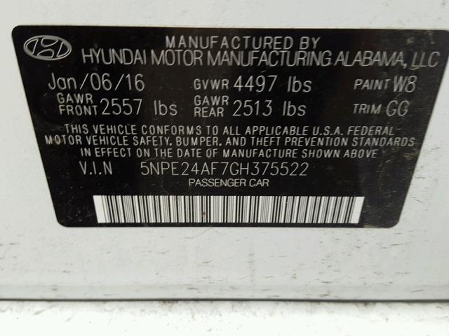 5NPE24AF7GH375522 - 2016 HYUNDAI SONATA SE WHITE photo 10