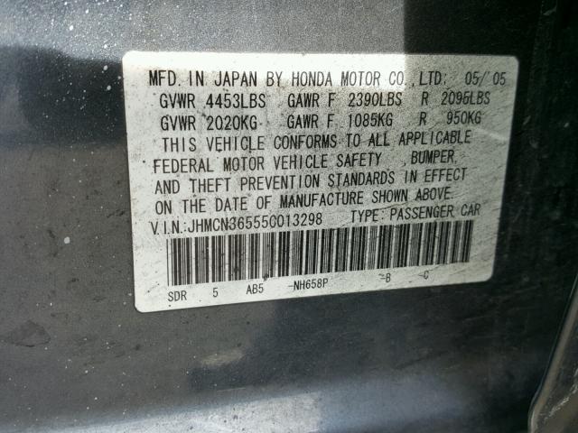 JHMCN36555C013298 - 2005 HONDA ACCORD HYB GRAY photo 10