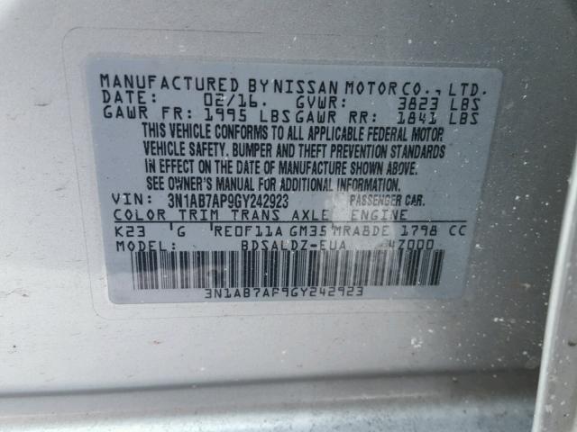 3N1AB7AP9GY242923 - 2016 NISSAN SENTRA S SILVER photo 10