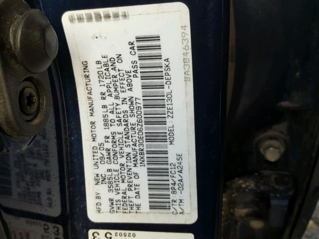 1NXBR30E06Z600977 - 2006 TOYOTA COROLLA CE BLUE photo 10