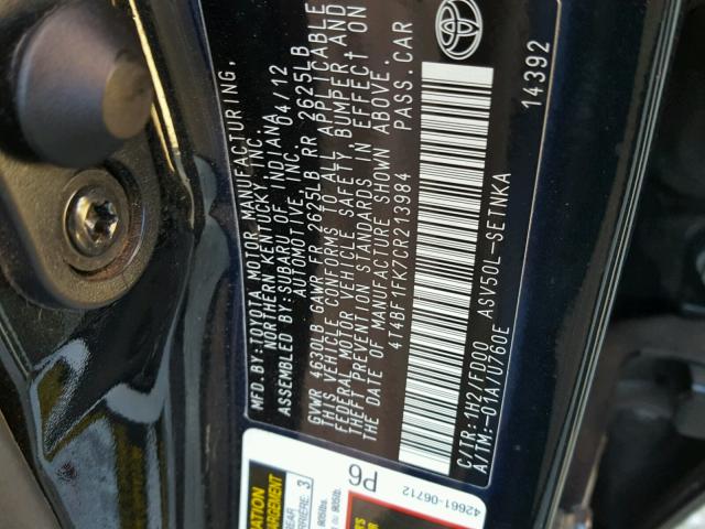 4T4BF1FK7CR213984 - 2012 TOYOTA CAMRY BASE BLACK photo 10