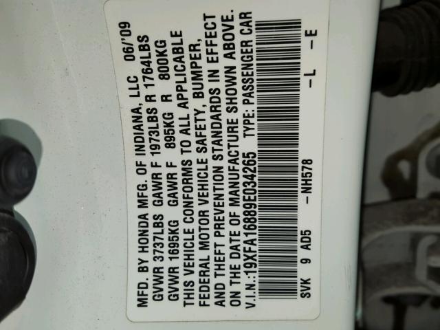 19XFA16889E034265 - 2009 HONDA CIVIC EX WHITE photo 10