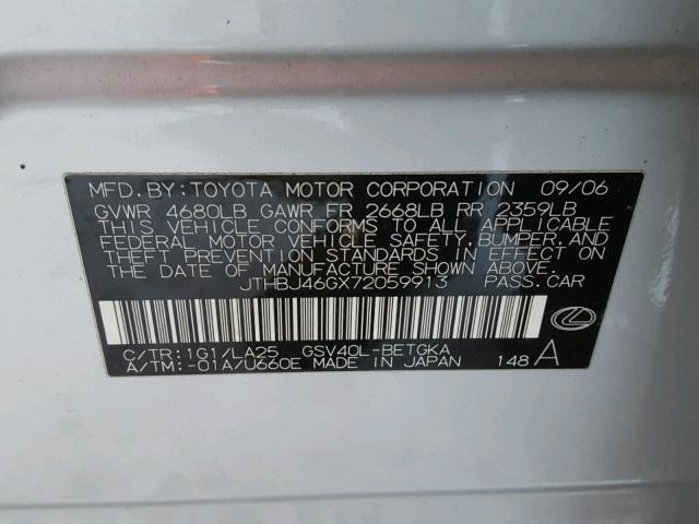 JTHBJ46GX72059913 - 2007 LEXUS ES 350 SILVER photo 10