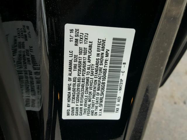 5FNRL5H36GB160468 - 2016 HONDA ODYSSEY SE BLACK photo 10