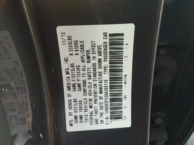 1HGCR2F53GA066176 - 2016 HONDA ACCORD SPO GRAY photo 10