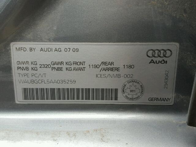 WAUBGCFL5AA035259 - 2010 AUDI S4 PREMIUM GRAY photo 10