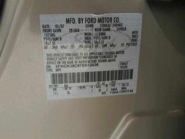 2FMDK38C97BB12036 - 2007 FORD EDGE SEL BEIGE photo 10