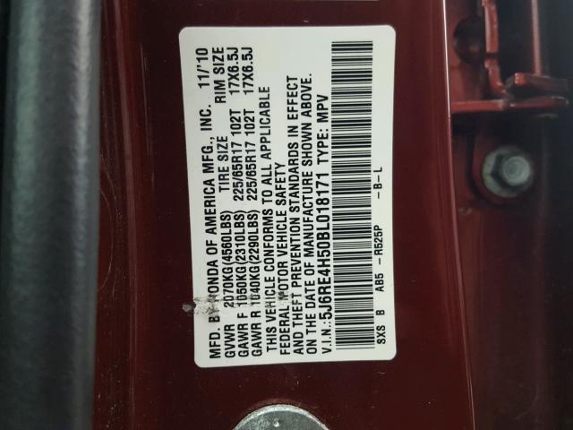 5J6RE4H50BL018171 - 2011 HONDA CR-V EX MAROON photo 10