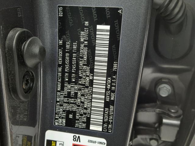 4T3BA3BB7FU072422 - 2015 TOYOTA VENZA LE GRAY photo 10