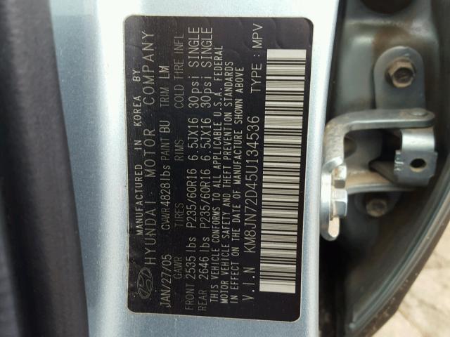 KM8JN72D45U134536 - 2005 HYUNDAI TUCSON GLS BLUE photo 10