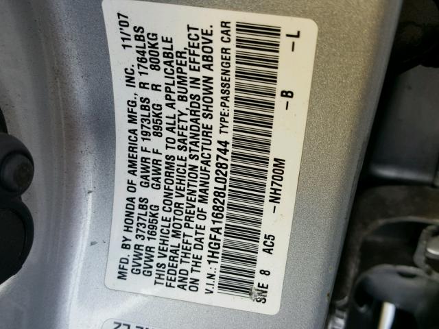 1HGFA16828L028744 - 2008 HONDA CIVIC EX SILVER photo 10