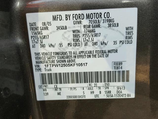 1FTPW12505KF10517 - 2005 FORD F150 SUPER GRAY photo 10