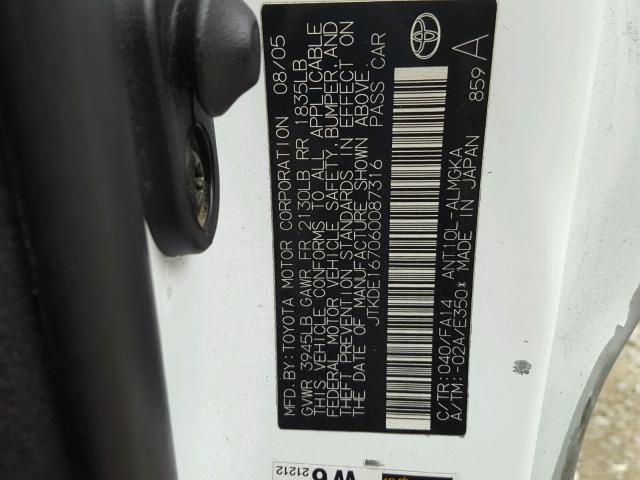 JTKDE167060087316 - 2006 TOYOTA SCION TC 白色 照片 10