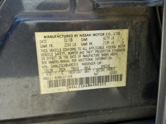 1N4AL21EX8N490355 - 2008 NISSAN ALTIMA 2.5 BLACK photo 10