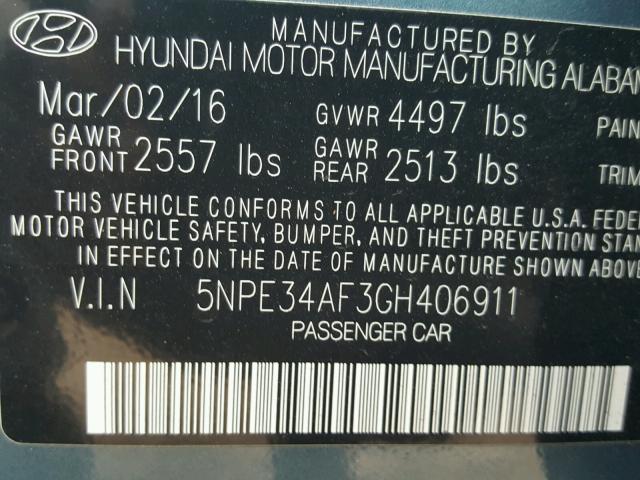 5NPE34AF3GH406911 - 2016 HYUNDAI SONATA SPO TEAL photo 10