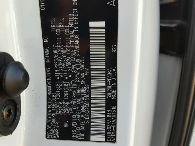 5TDZK22C08S165799 - 2008 TOYOTA SIENNA XLE WHITE photo 10