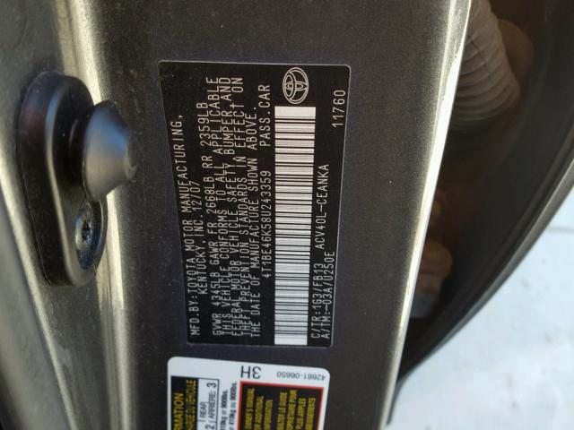 4T1BE46K58U243359 - 2008 TOYOTA CAMRY CE GRAY photo 10