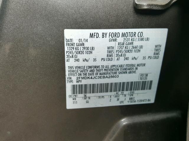 2FMDK4JC3EBA25603 - 2014 FORD EDGE SEL GRAY photo 10