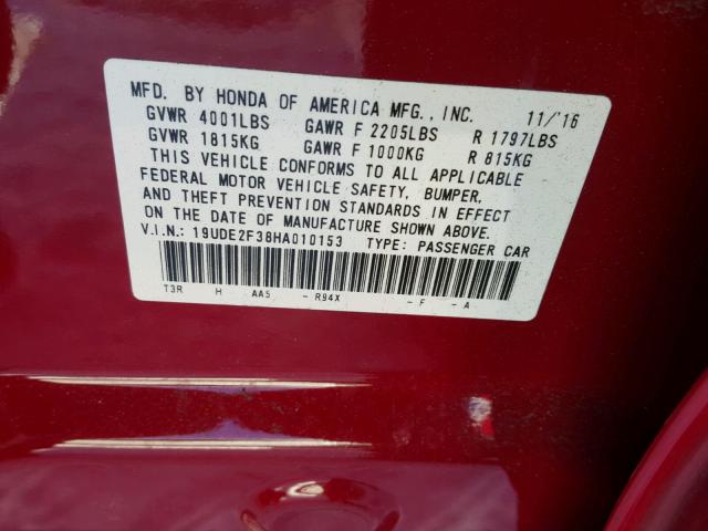 19UDE2F38HA010153 - 2017 ACURA ILX BASE RED photo 10