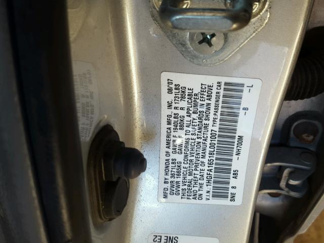 1HGFA16518L001007 - 2008 HONDA CIVIC LX SILVER photo 10