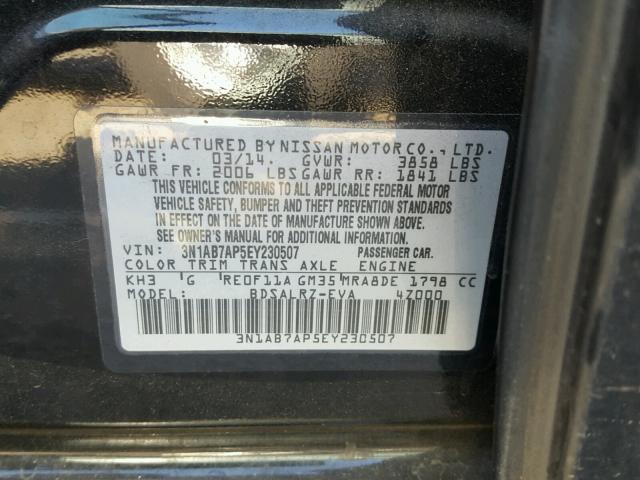 3N1AB7AP5EY230507 - 2014 NISSAN SENTRA S BLACK photo 10