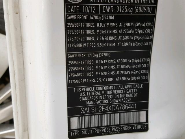 SALSH2E4XDA786441 - 2013 LAND ROVER RANGE ROVE WHITE photo 10