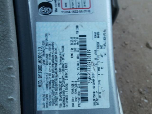 3FAHP06Z38R138119 - 2008 FORD FUSION S SILVER photo 10