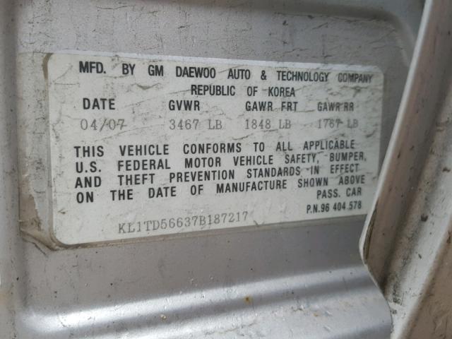 KL1TD56637B187217 - 2007 CHEVROLET AVEO BASE Gümüş foto 10