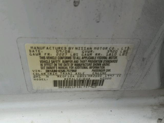 3N1AB61E58L757960 - 2008 NISSAN SENTRA 2.0 WHITE photo 10